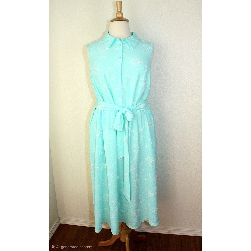 NINA LEONARD Romantic Dress Plus 2X Aqua White Embroidery Party Casual Fairy #04